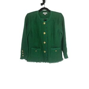 Joan Rivers Green‎ Tweed Blazer Jacket Gold Buttons Ruffle Trim Career